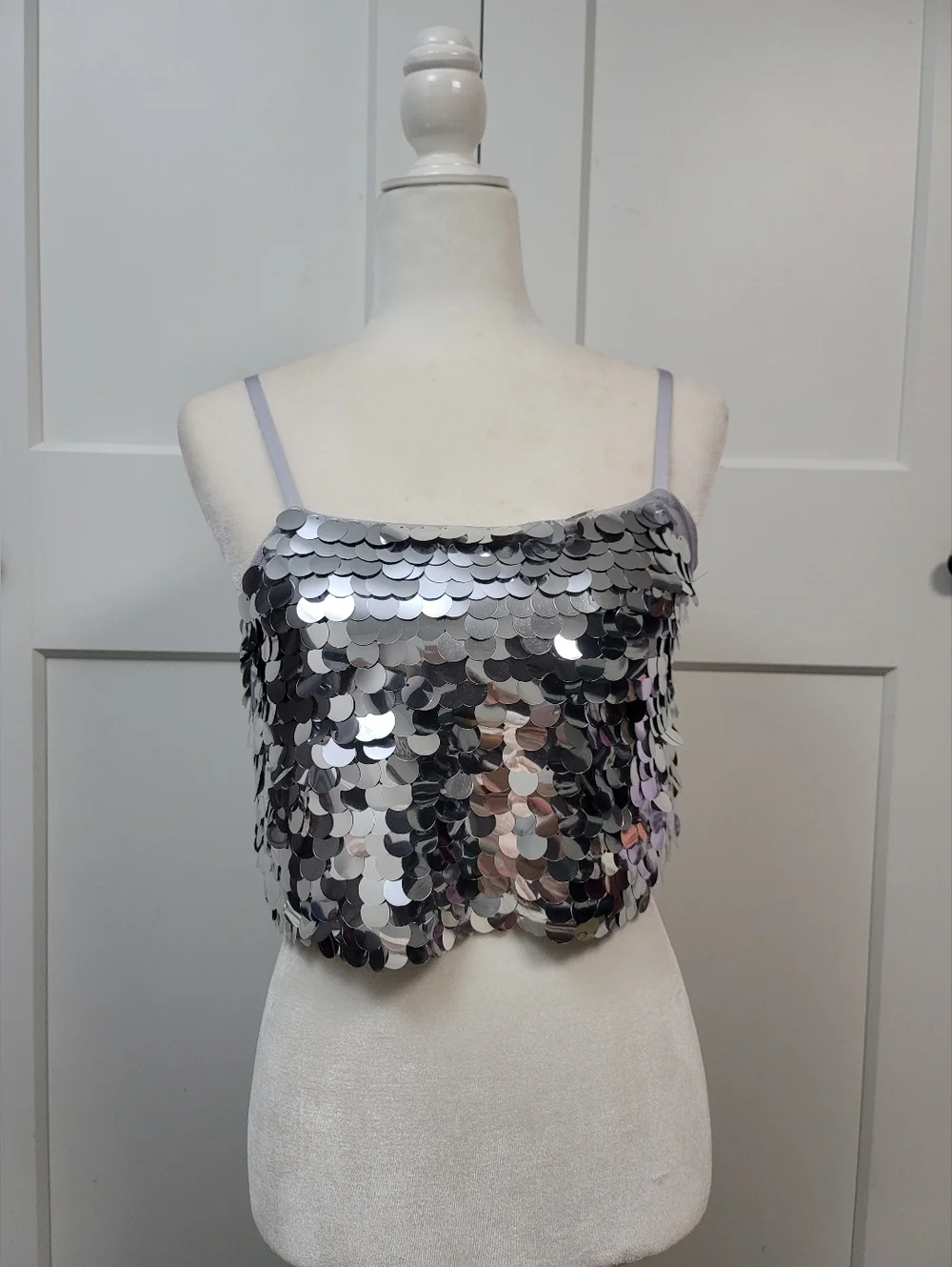 NWT Wild Fable Silver Paillette Sequin Crop Top - Jumbo Disco Mirror Tank XS - Picture 1 of 5